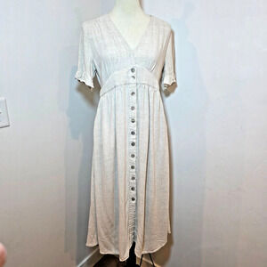 Esther&Co Dress Beige M Button Down Ruffled Sleeves Midi 100% Linen Cottagecore